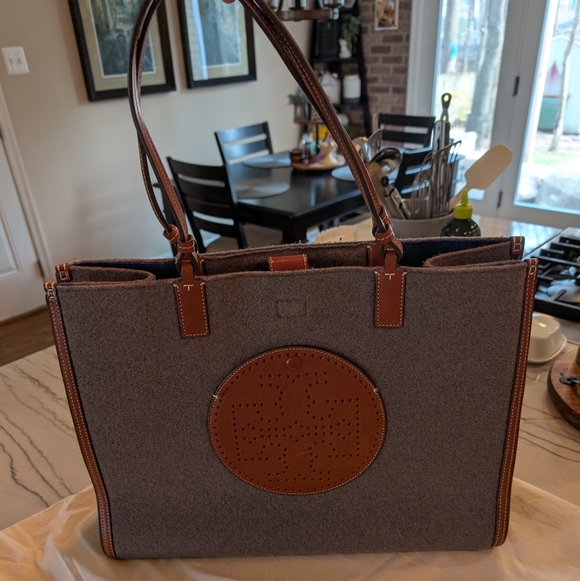 Tory Burch Gray Wool/Felt And Tan Leather Ella Tote Bag - Picture 2 of 8